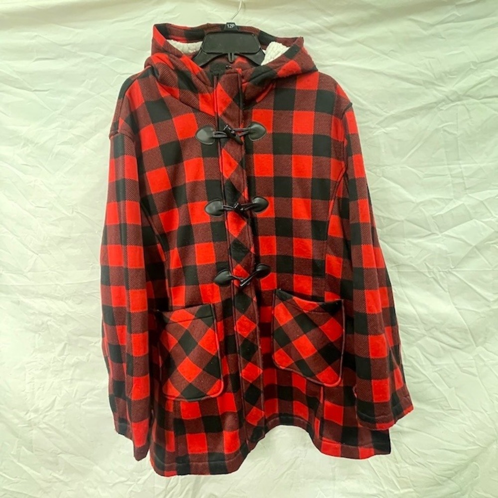 Big Chill Womens 3X Hooded Duffle Coat Red Black Buffalo Plaid Sherpa Toggle Zip
